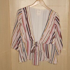 Harper Pink Striped Silky Open Front Tie Top XS